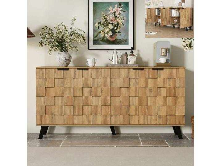 Buffet Salon - Moderne - 4 Portes - Etagères Réglables - Design Bois et Métal Noir