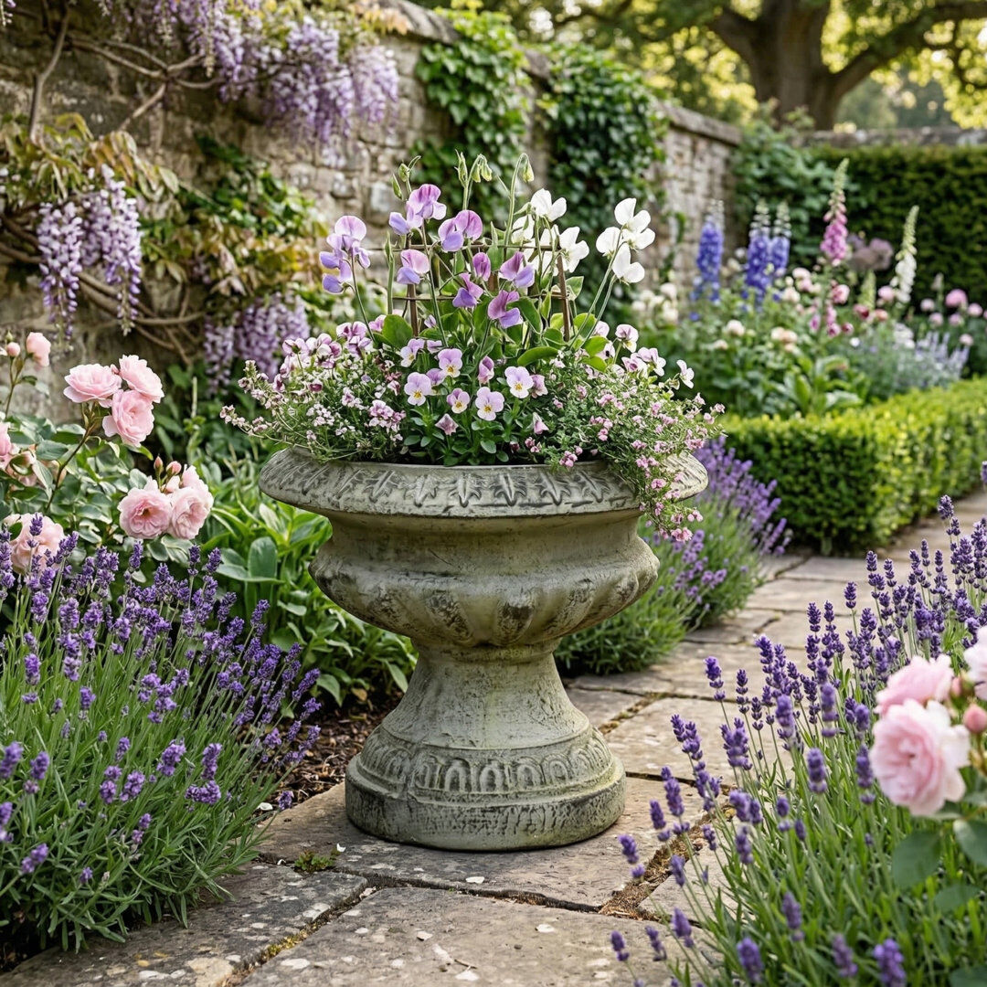 Rosalind Wheeler Humphreys FLUTED URN Low 28cm Verdigris Effect Grey 28cm H X 33cm W X 33cm D
