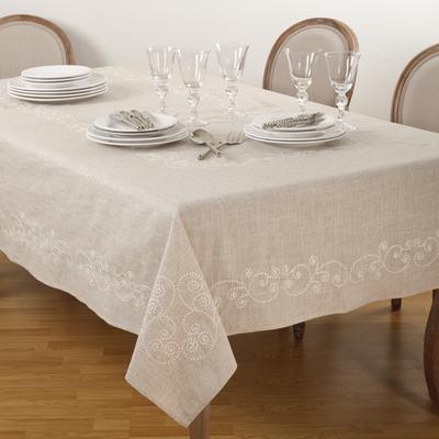 Saro Lifestyle Scroll Embroidered Linen Blend Tablecloth - Decorative Swirl Border for Dining Room & Farmhouse Decor