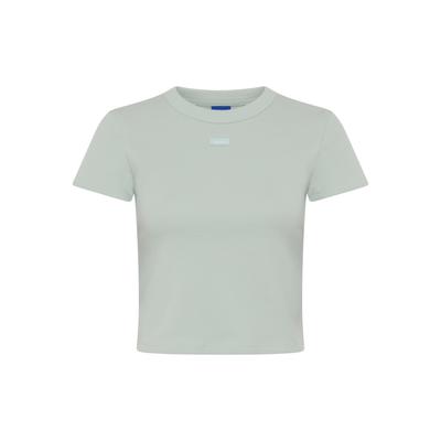 T-Shirt HUGO "Baby Tee", Damen, Gr. L, grün (open grün 381), Single Jersey, Obermaterial: 96% Baumwolle, 4% Elasthan, slim fit bauchfrei, Rundhals, Shirts T-Shirt, in verkürzter Länge