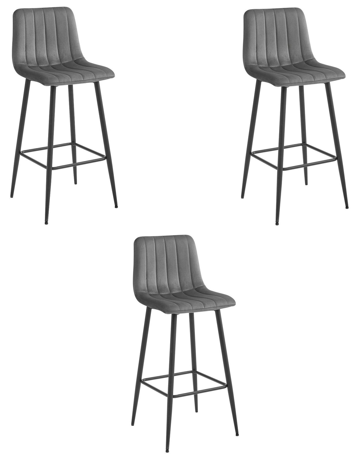 Set van 3 Leobert Pozza Barkrukken - Donkergrijs Fluweel - Zwarte Poten