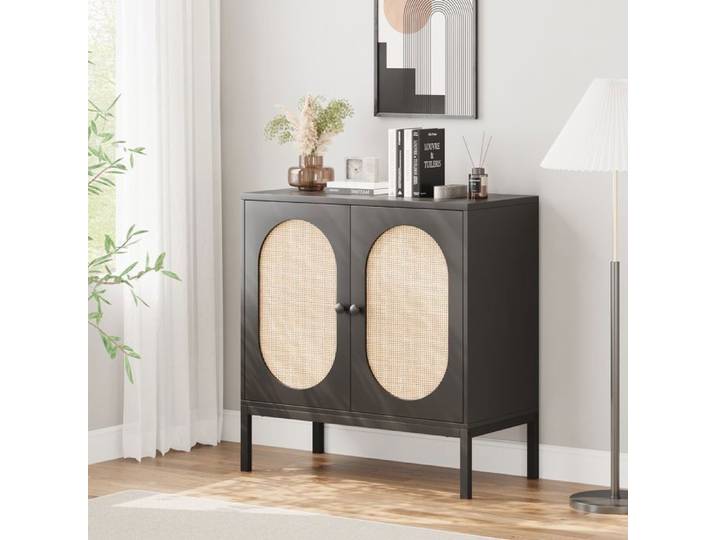 Buffet de rangement - Noir - 80x40x82.8cm - 2 portes - Style scandinave - Rotin naturel