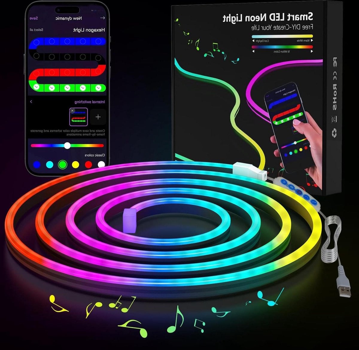 RGB LED Neon Strip met Music Sync en App-bediening, Multicolour, Waterdicht, 2 m