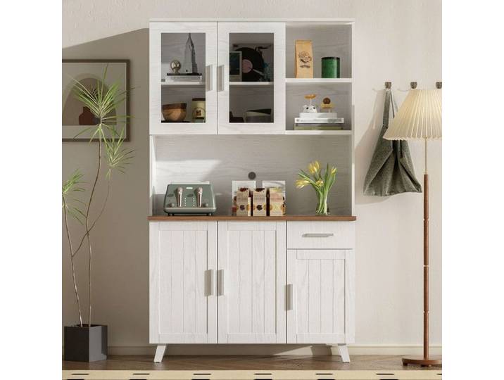 Buffet haut 114 x 40 x 190 cm - Blanc - Effet bois - Contemporain