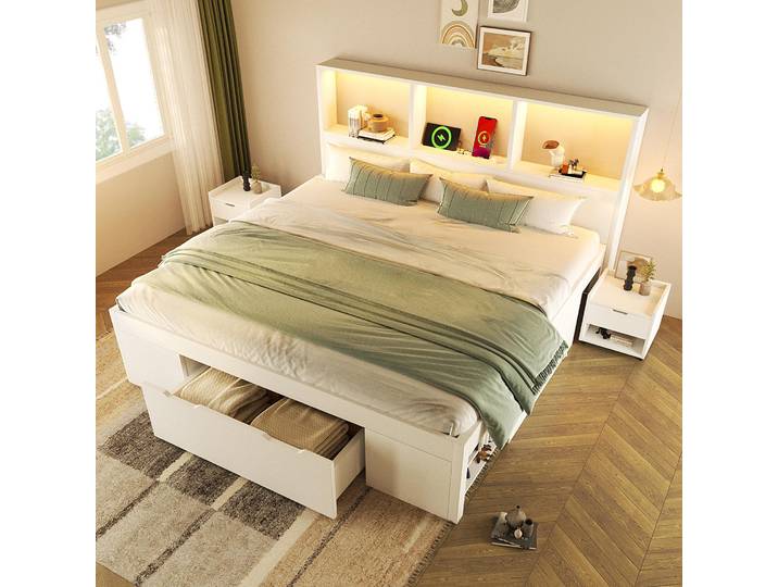 STILVORA Funktionsbett 140x190cm mit LED-Beleuchtung, Doppelbett mit USB-Type-C Ladefunktion und 2 Nachttischen, Bettgestell mit Schublade und Regalen
