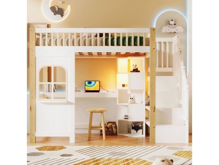 Lit mezzanine 90x200 avec bureau et rangements EVRYAE