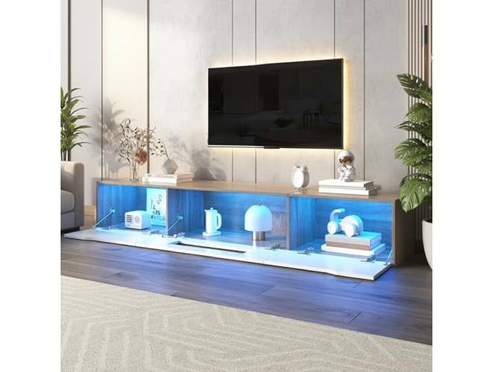 FurnitureR Hochglanz-TV-Lowboard mit LED-Licht, gerillten Türen & Holzdekor, modernes TV-Möbel für Wohnzimmer
