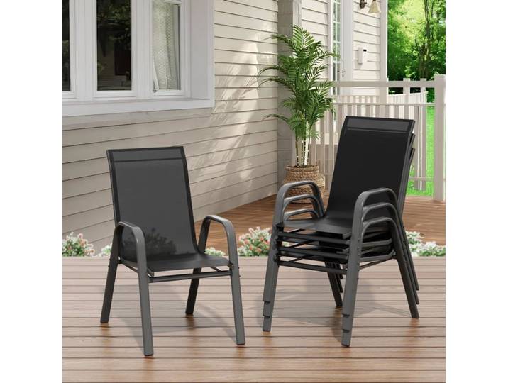 Lot de 4 Chaises de jardin dossier haut Textilène résistant métal robuste pour jardin balcon terrasse Noir + Gris