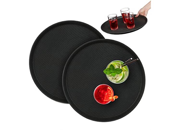 Relaxdays horeca dienblad, set van 2, Ø 40 cm, antislip, bar, zwart