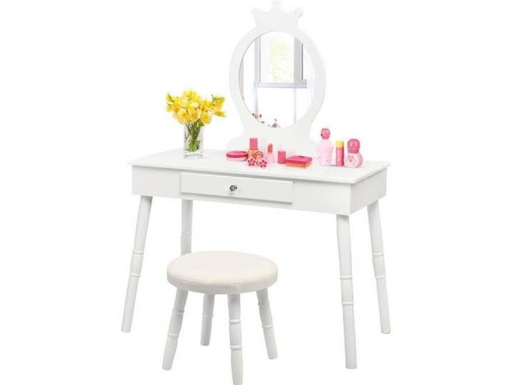 GIANTEX Ensemble Coiffeuse et Tabouret de Maquillage pour Enfants Coiffeuse avec Tiroir Tabouret Capitonné et Miroir Authentique