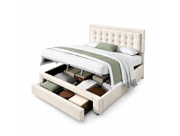 Anwick Polsterbett 140x190 mit Stauraum & Lattenrost, Samt Beige Hydraulischer Bettkasten, ausziehbare Schublade und weicher Samtstoff für mehr Ordnung im Schlafzimmer