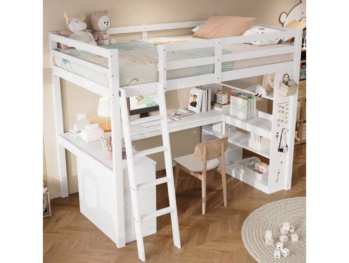 Lit Mezzanine Enfant 90x200 avec Bureau Lit Simple avec Étagères Échelle et Rangement Blanc