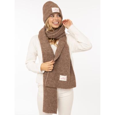 Beanie ZWILLINGSHERZ "Geschenkbox Zwillingsherz Set", Damen, braun (mocca), Strick, Materialmix, Mützen Beanie, Set in Geschenkbox, Schal und Mütze mit Patch, gerippt