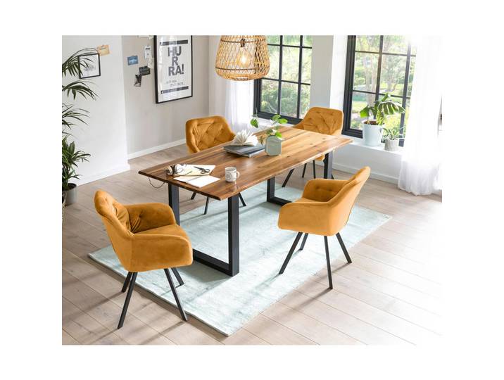 Esstischgruppe, Cognac/Senfgelb, 85x77x160 cm, Akazie & Metall, Rechteckig, Livetastic