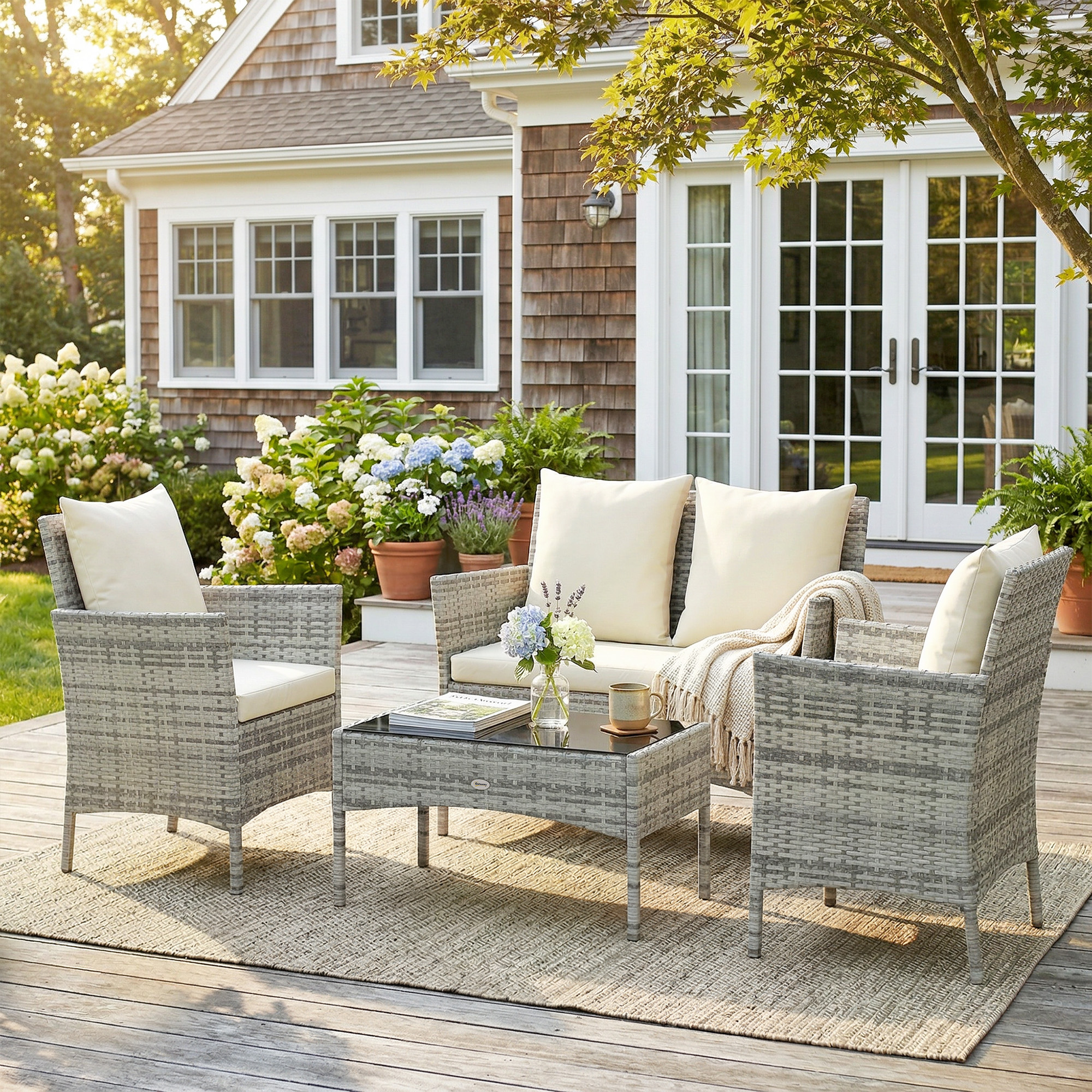 Outsunny Set Salotto da Giardino 4 Pezzi in Rattan con Divano a 2 Posti, 2 Sedie, Tavolino da Caffè, Grigio   Aosom Italy