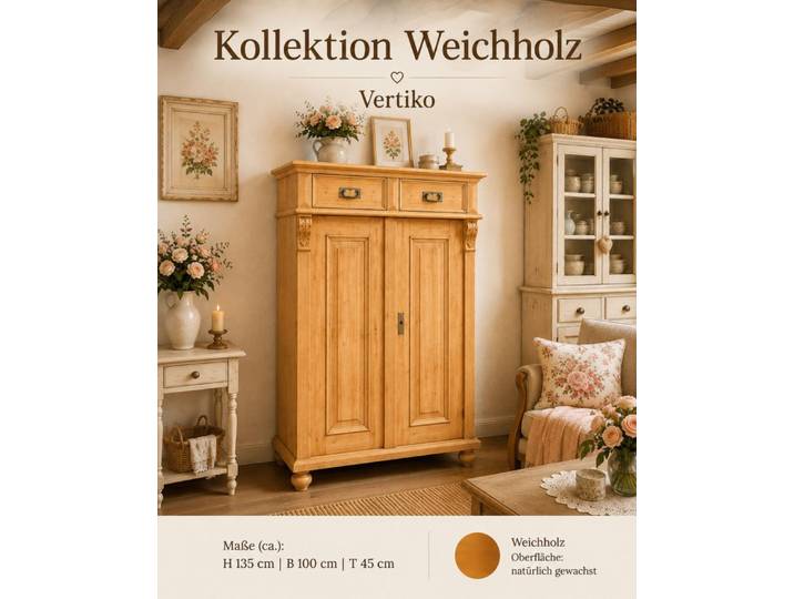 Wohnpalast Vertiko Premium Jugendstil Vertiko aus Weichholz – 100 cm gewachst, Landhaus-S