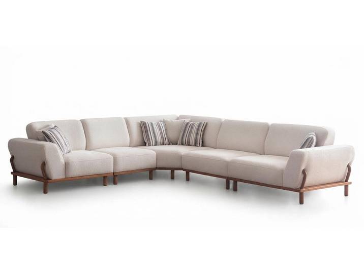 Xlmoebel Ecksofa Modernes Weißes L-förmiges Ecksofa Stoff Holz Wohnzimmer Couch, 1 Teile, Ecksofa mit modernem Design