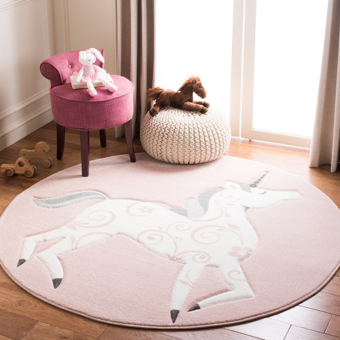 Zoomie Kids Carousel Kids Unicorn Area Rug In Pink / Ivory Ivory;Pink Round 122 cm