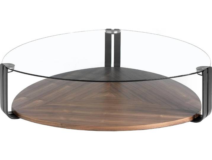 Angel Cerdá Dreieckiger Couchtisch dreieckig gehärtetes Glas, schwarzer Stahl und Nussbaum 2055