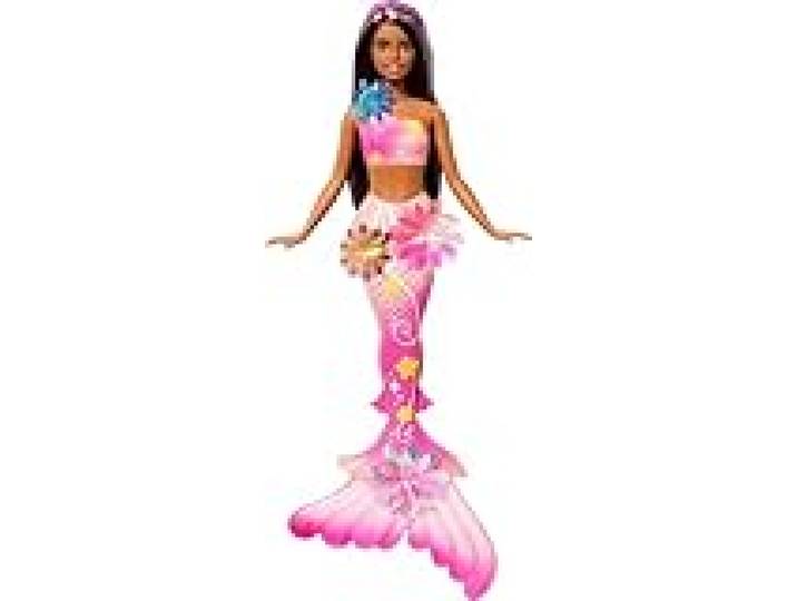 Barbie Poupées Sirènes avec Fleurs Magiques Surprise Avec queues ombrées, serre-tête perlé et longs cheveux bruns à reflets violets, JDM73