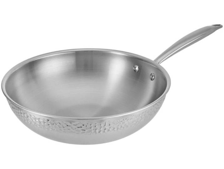 Wok RESTO KITCHENWARE Crater tiefe Pfanne aus Tri-Ply (Edelstahl + Aluminium + Edelstahl) , silber (silberfarben), H:7,5cm L:51cm Ø:28cm, Pfannen, Wok, Energieeinsparung 25% durch die dreilagige Basis, ofenfest