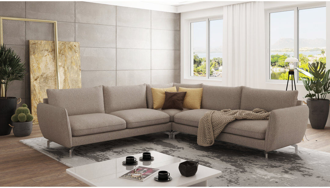 S-Style Furniture Modern L-Shape Corner Sofa with Silver Metal Legs Dark Beige 87cm H X 276cm W X 276cm D