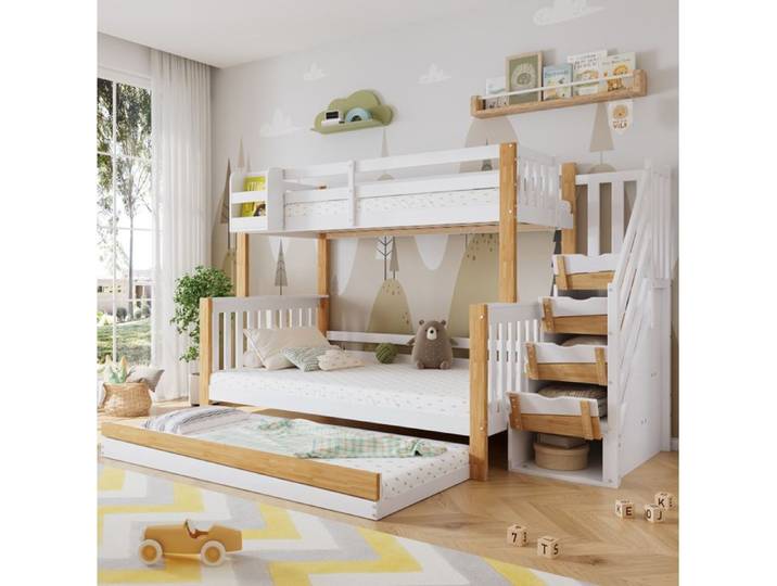 ROVRYN Lit superposé enfant 3 couchages 90x200 120x200 avec lit gigogne escalier rangement blanc naturel