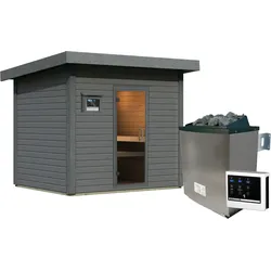Karibu Gartensauna Saunahaus Caapi 4 terragrau Ganzglas Saunatür 9 kW Ofen inkl. Steuergerät Ganzglas