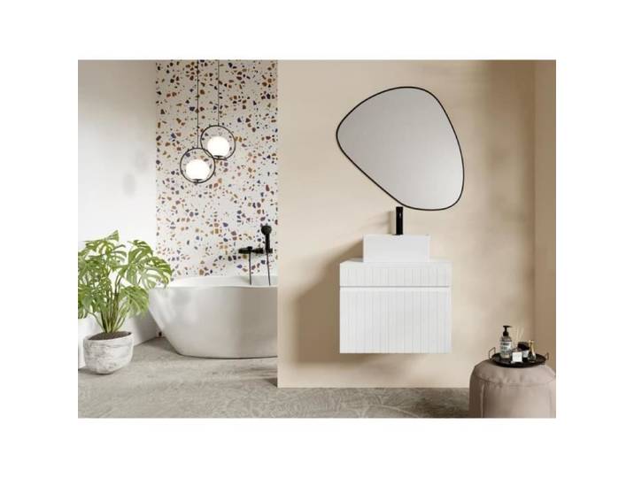 Meuble de salle de bain suspendu strié blanc avec vasque carrée à poser - 60 cm - SATARA