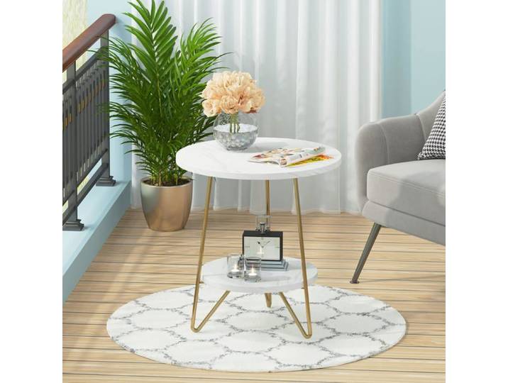 Table Basse Ronde 2 Niveaux-Table Basse Salon Bois 48cm-Cadre en Métal-Plateau Épaissi pour Salon/Chambre-Industriel
