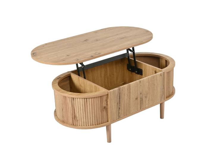 Table basse ovale relevable avec rangement 100x48x54.5 cm chêne