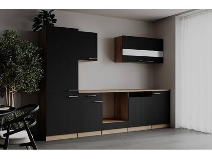 respekta Einbauküche Küchenzeile Leerblock Eiche Sägerau Schwarz Merle 280 cm