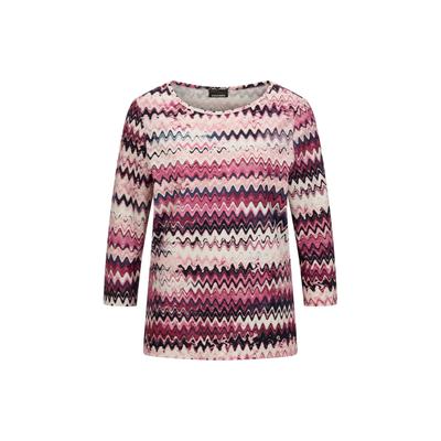 Print-Shirt GOLDNER "Halbarm-Viskosebluse, Zickzack-Design", Damen, Gr. 40, lila (beere, gemustert), Obermaterial: 95% Viskose CV. 5% Elasthan EL., Modisch, U-Boot-Ausschnitt, Shirts, Zickzack-Muster