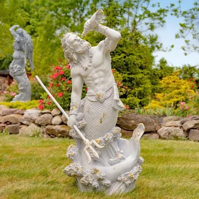 Zaer Ltd "52 Inch Tall Magnesium Merman Garden Statue ""Peter"" Antique Grey"