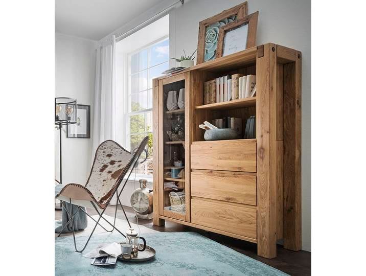 Highboard mit Glas 119x155cm 'Palermo' Eiche massiv geölt
