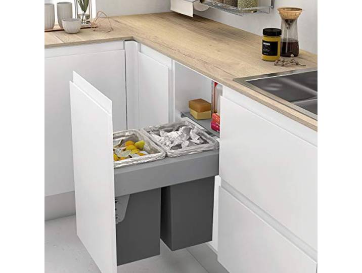 Menage Confort Herausnehmbarer Abfalleimer mit automatischer Öffnung für Küchenschrank, 2 Behälter mit 24 l, Recycling-Eimer, Breite 462-468 mm
