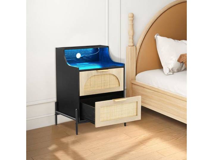 AFF Table de chevet en rotin table de nuit avec éclairage LED 2 tiroirs avec station de charge table de chevet en bois noir
