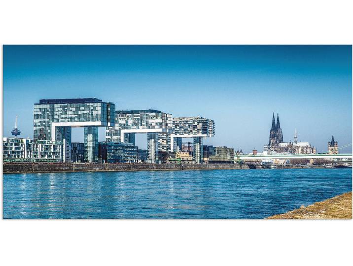 Wandbild ARTLAND Köln Kranhäuser und Dom , blau (farbe bild(er): blau), B:100cm H:50cm, Bilder, Wandbild, als Alubild, Leinwandbild in verschied. Grössen