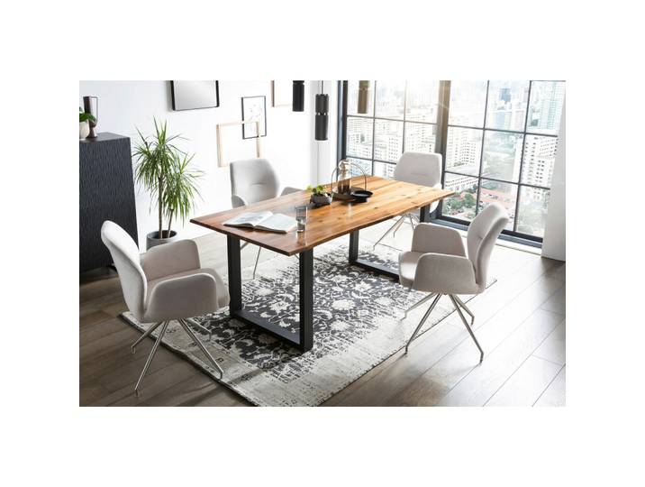 Tischgruppe, Hellgrau & Cognac, 85x77x160 cm, Akazie & Metall, Rechteckig, Modern, Livetastic