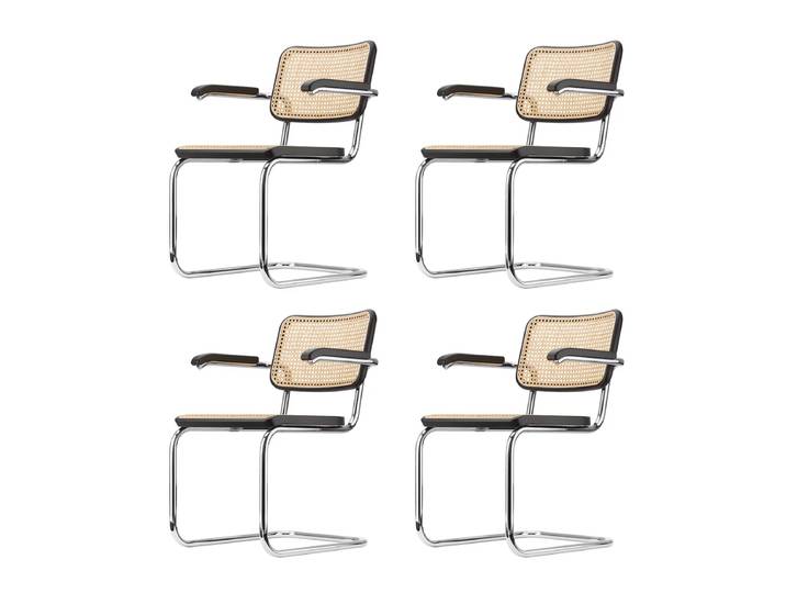 Thonet - S 64 V Armlehnstuhl, Chrom / Buche schwarz gebeizt (TP 29) / Rohrgeflecht mit Kunststoffstützgewebe (4er-Set)