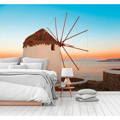 Vliestapete A.S. CRÉATION "Fototapete Windmühle am Meer Sonnenuntergang", bunt (blau), B:2,55m H:0,02m L:3,5m, Vlies, Tapeten