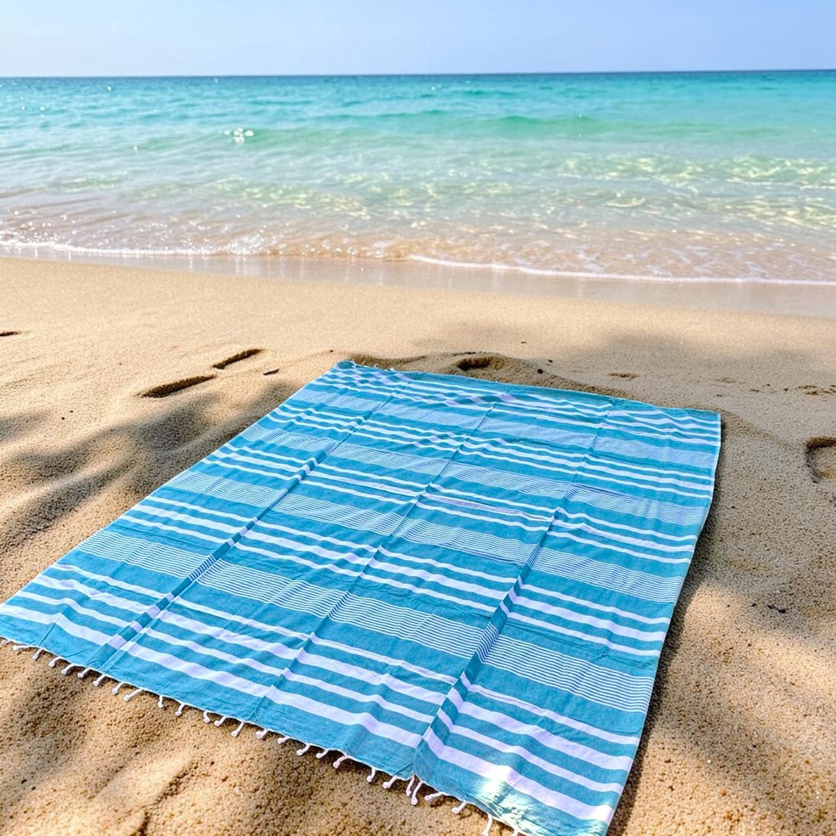 Lindian style Tweepersoons strandlaken XL Gestreept in Turquoise wit