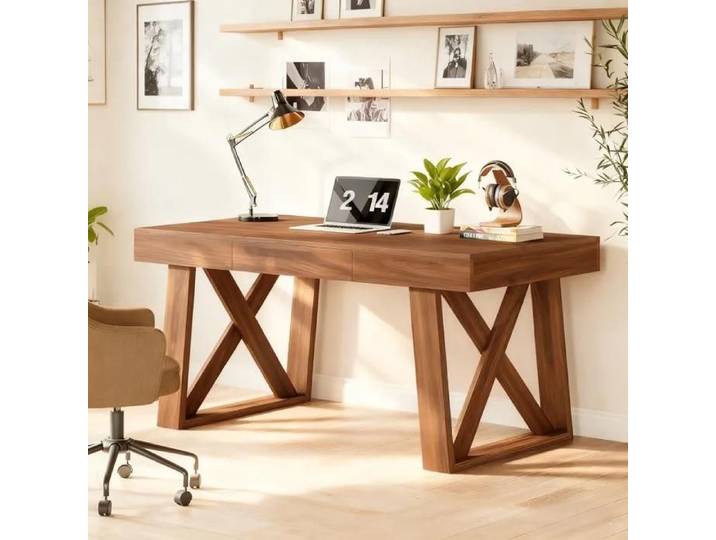 TOPESCT Bureau 140 cm tiroir Bureau d'ordinateur en bois Massif de 140 cm Table d'écriture Moderne pour Office-Marron