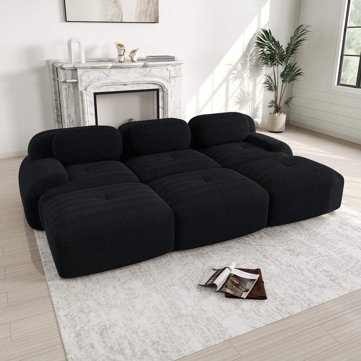 Zubaliya Modulaire 3-zits bank met 3 hockers - Zwart - Ribcord stof