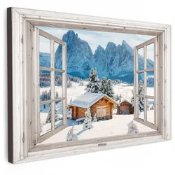 LEINWANDBILD Winterlandschaft - Hütte - Berge - Ausblicke - Aussicht - Natur Wanddeko 90x60 cm