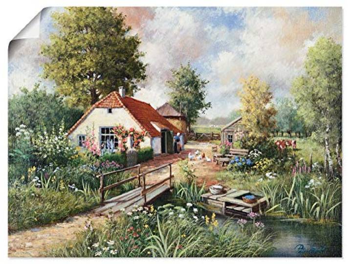 ARTLAND Wanddeko Poster & Kunstdrucke Wandposter 60x45 cm Bauernhof Landschaft Natur Fluss Pflanzen Kunst Malerei K8PP