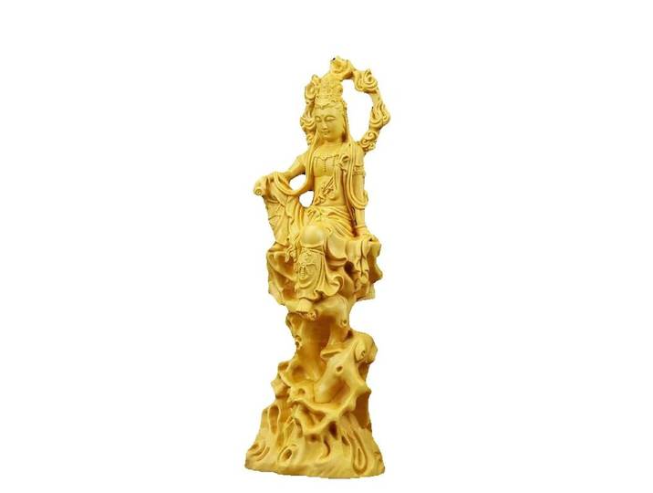 Statue de Guanyin en bois massif fin, sculpture sur bois, sculpture d'art moderne, figurine de maison, statue de bouddha Feng Shui Guanyin de bureau