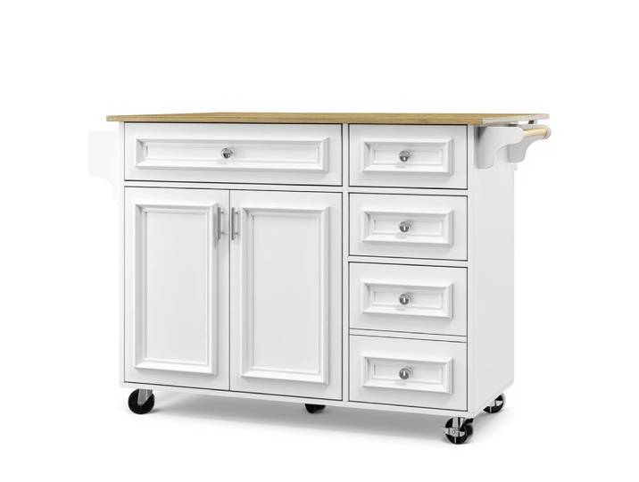 Buffet de cuisine blanc avec plan de travail bois et tiroirs