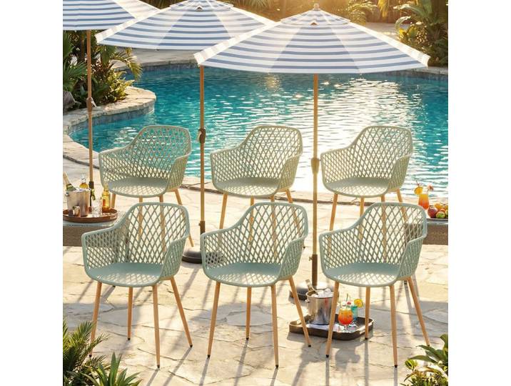 EGGREE Chaise de Jardin Exterieur Lot de 6 Chaise Plastique avec Accoudoir et Pied en Métal Dossier à Design Ajouré Gris-vert