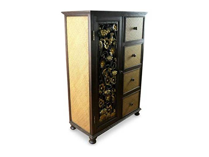 livasia Asiatischer Schrank aus Massivholz und Rattan – 80x40x120cm – Handgeschnitzte Kommode aus nachhaltigem Akazienholz mit Blumenornamenten, Asiatische Eleganz für Zuhause